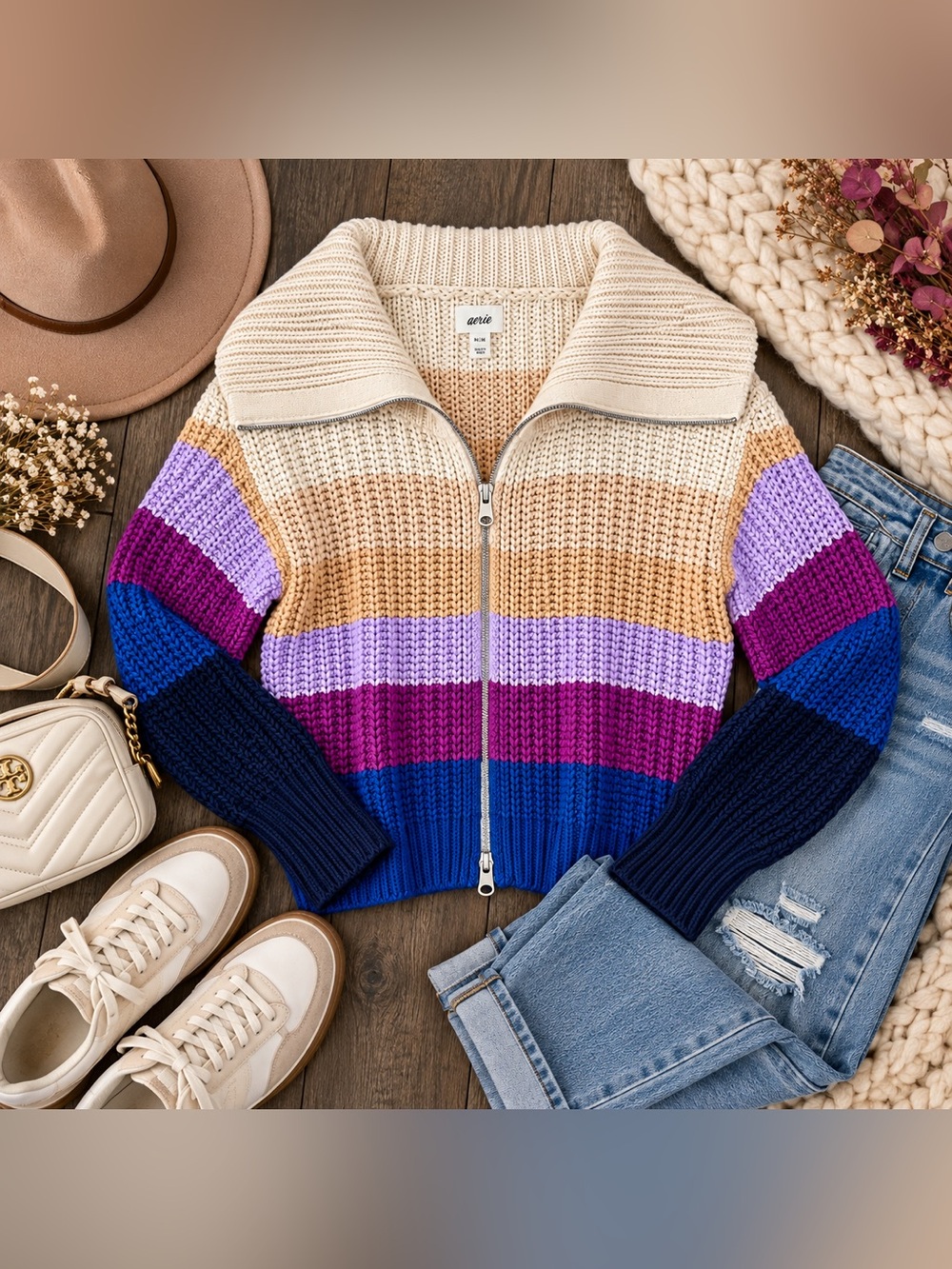Aerie Colorblock Chunky Knit Full Zip Sweater Cardigan 100% Cotton XS